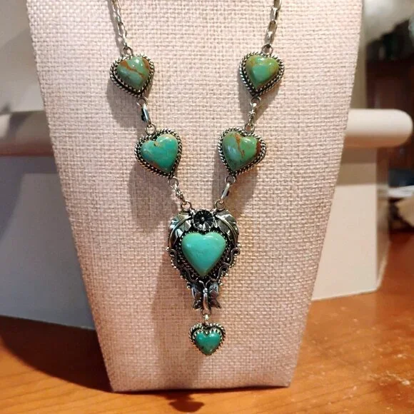 Turquoise Heart Stone Sterling Silver Lariat Necklace Butterfly Flower Southwest - Picture 2 of 12